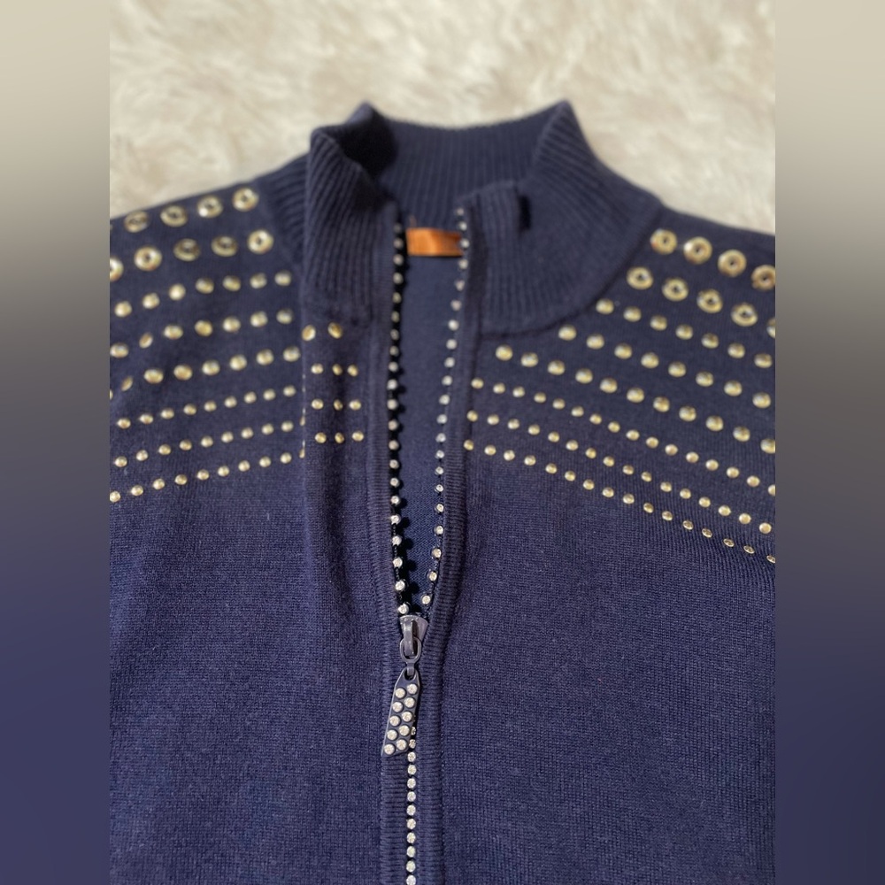 Belldini Mob Wife Bling Studded Y2K Preppy Rhinestone Zip Up Sweater Navy Blue M - Picture 6 of 9